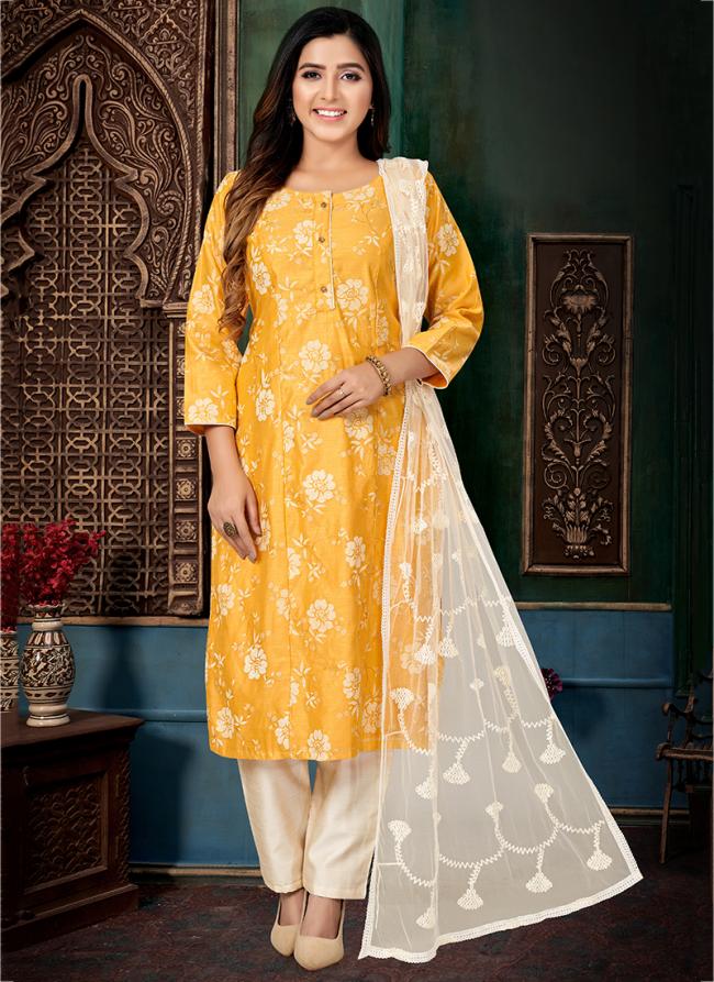 Lemon Chanderi Silk Tradional Wear Embroidery Work Readymade Salwar Suit